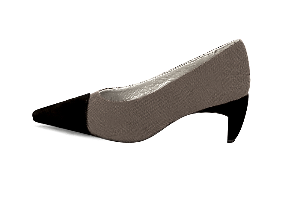 Matt black and taupe brown women's dress pumps, with a round neckline. Pointed toe. Medium comma heels. Profile view - Florence KOOIJMAN